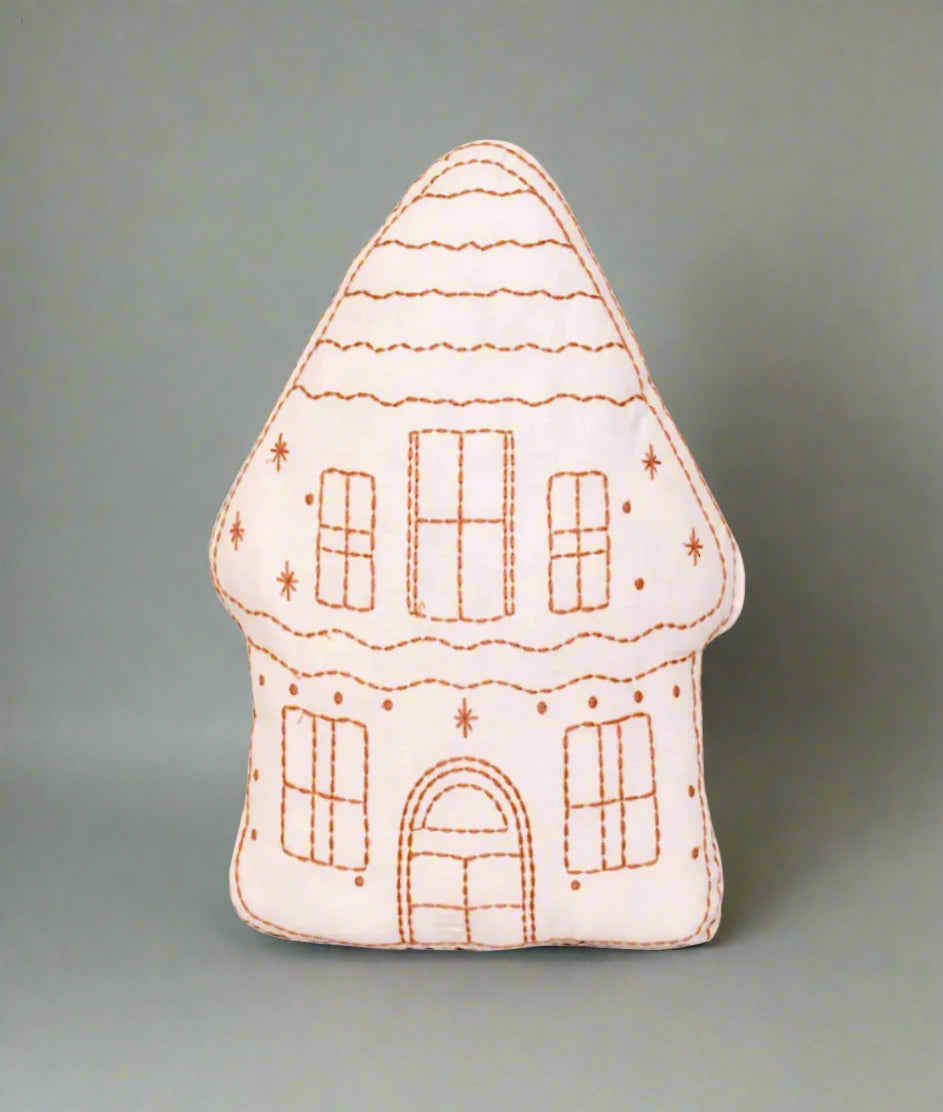 Little Nordic Sol  ginger bread house cushion organic cotton polka dot reverse with embroidery finish stitching 