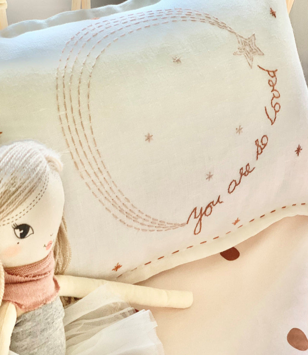 you are so loved - Cushion Hand embroidered linen ivory and rust detailed embroidery with stars