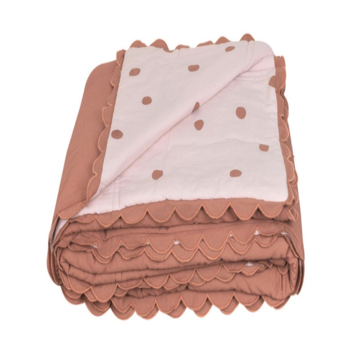 Coverlet Quilt Pink and Tan Polka dot reversible scalloped trim surrounds 