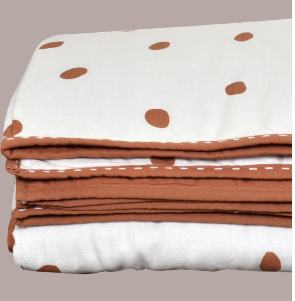 Quilt Single Bed Polkadot Bran Terracotta and Ivory hand stitched edgr trim Single Bed and Cot size 