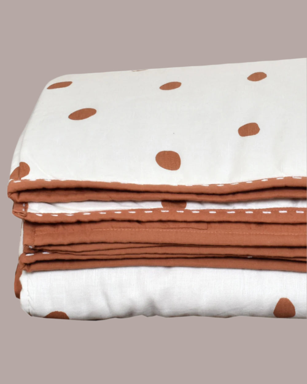 Quilt Single Bed Polkadot Bran Terracotta and Ivory hand stitched edgr trim Single Bed and Cot size 