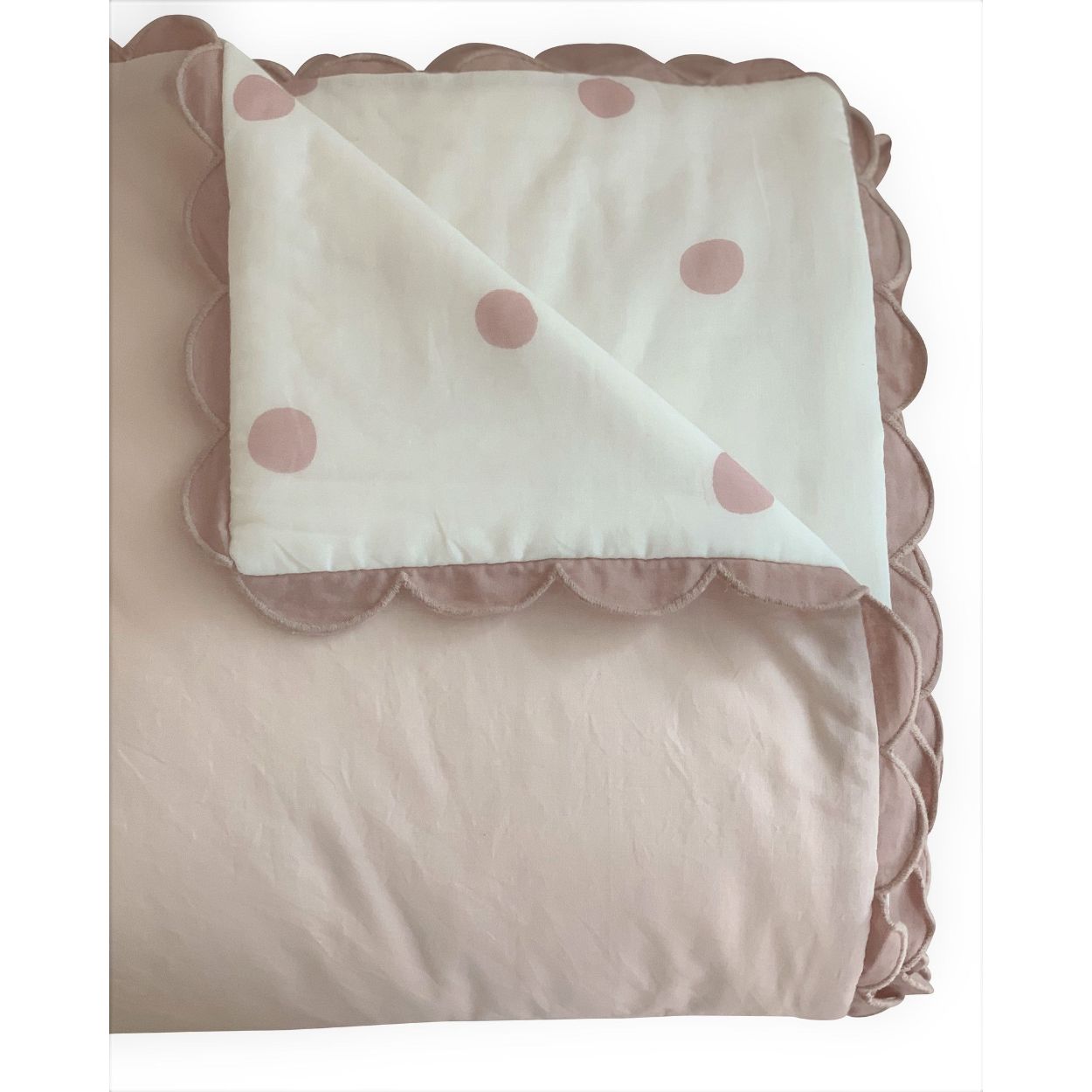 Dusty Pink and Ivory Polka Dot  Single Bed Coverlet with Scalloped trim edge fully reversible