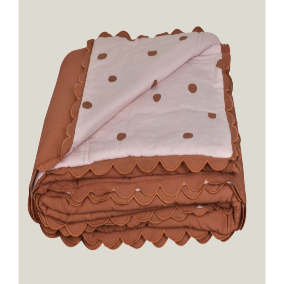 Organic Cotton  Coverlet Pink and Rust Polk a Dot scalloped edge reversible plain Rust colour